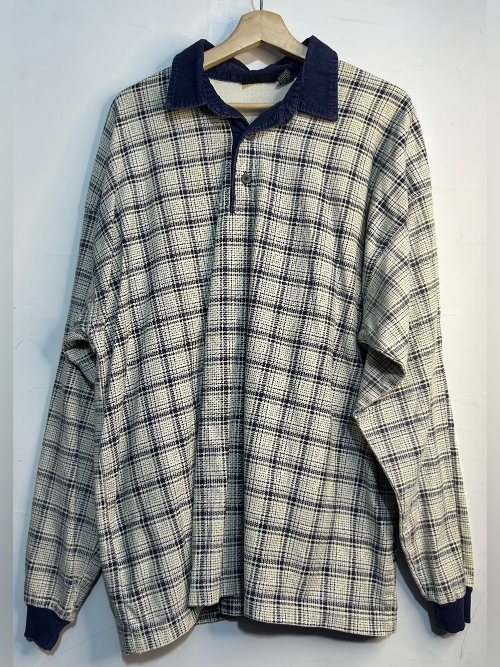 Vintage Structure Corduroy Collar Plaid Rugby Polo Shirt XL